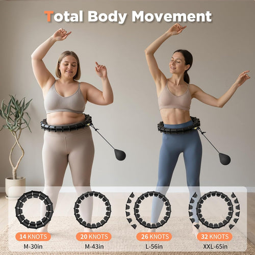 Plus Size Weighted Hula Infinity Fitness Detachable Hoop 65 Inch, 32 Knots | Silent Smart Noiseless Infinity Hula, for Women and Beginners, 2-In-1 Waist and Abdominal Home Exercise Hoops, Black