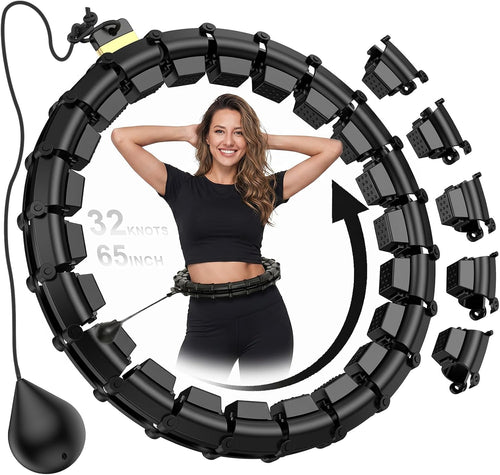 Plus Size Weighted Hula Infinity Fitness Detachable Hoop 65 Inch, 32 Knots | Silent Smart Noiseless Infinity Hula, for Women and Beginners, 2-In-1 Waist and Abdominal Home Exercise Hoops, Black